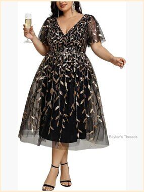 Plus Size Sequin A-Line Midi Cocktail Party Dress